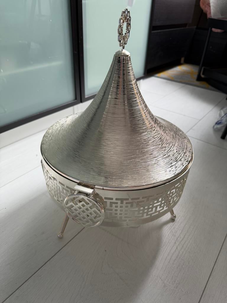 Zilverkleurige Tajine Serveerschaal met Deksel, Ophalen of Verzenden, Zo goed als nieuw