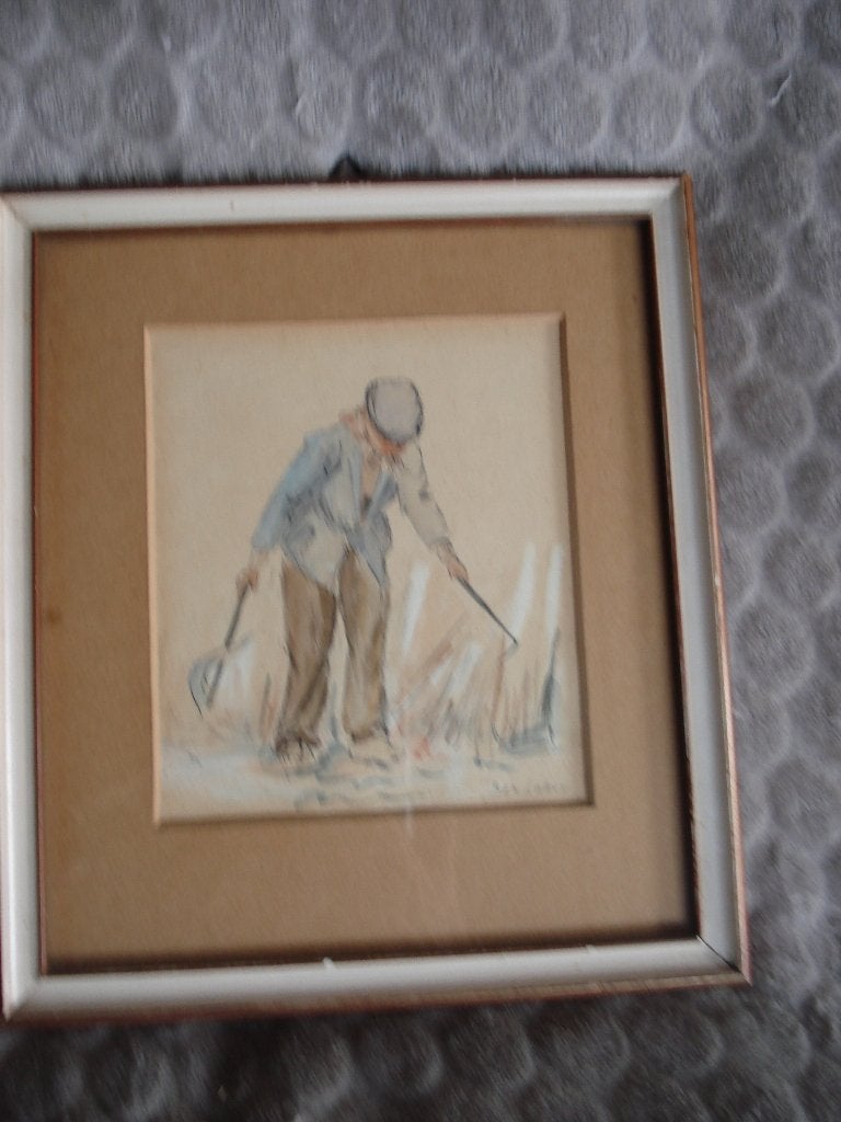 Oud schilderij van een boer op het land (BEN LEROY), Portret of Personen, Realistisch, Ophalen of Verzenden, Aquarel