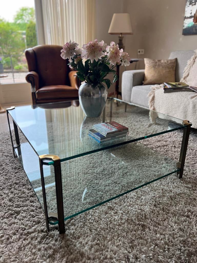Vintage design salontafel glas & messing (Ghyczy-stijle), Ophalen, 100 tot 150 cm, 50 tot 100 cm, Minder dan 50 cm