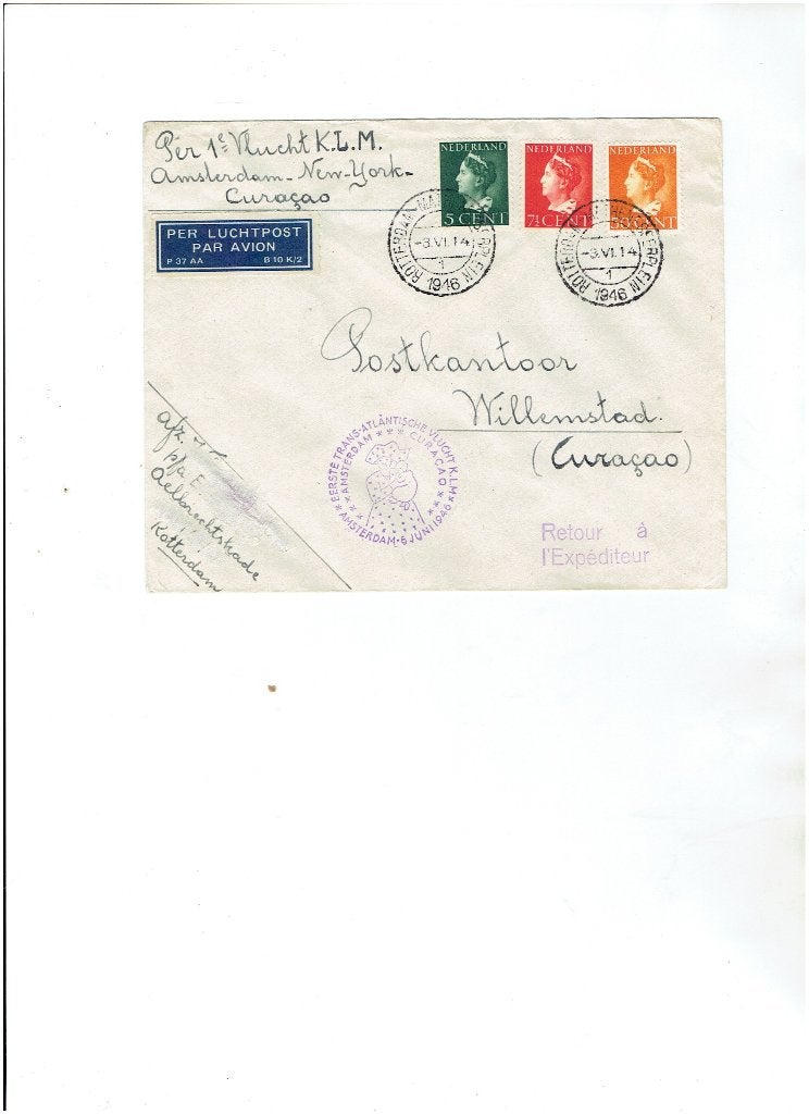 KLM eerste vlucht Amsterdan-Curacao 1946, Verzenden, Gestempeld