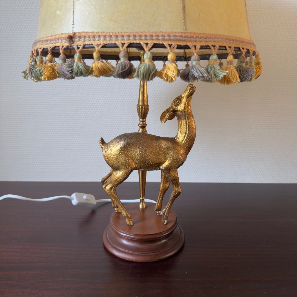 Prachtige Vintage Bronzen Hertenlamp, Goud, Tafellamp, Ophalen of Verzenden, Zo goed als nieuw, Stof, Minder dan 100 cm