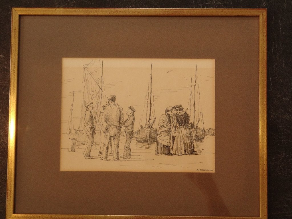 pentekening mannen en vrouwen boten Bretagne F. Verrimst, Antiek en Kunst, Ophalen of Verzenden, Tekening, Pentekening, Achter glas