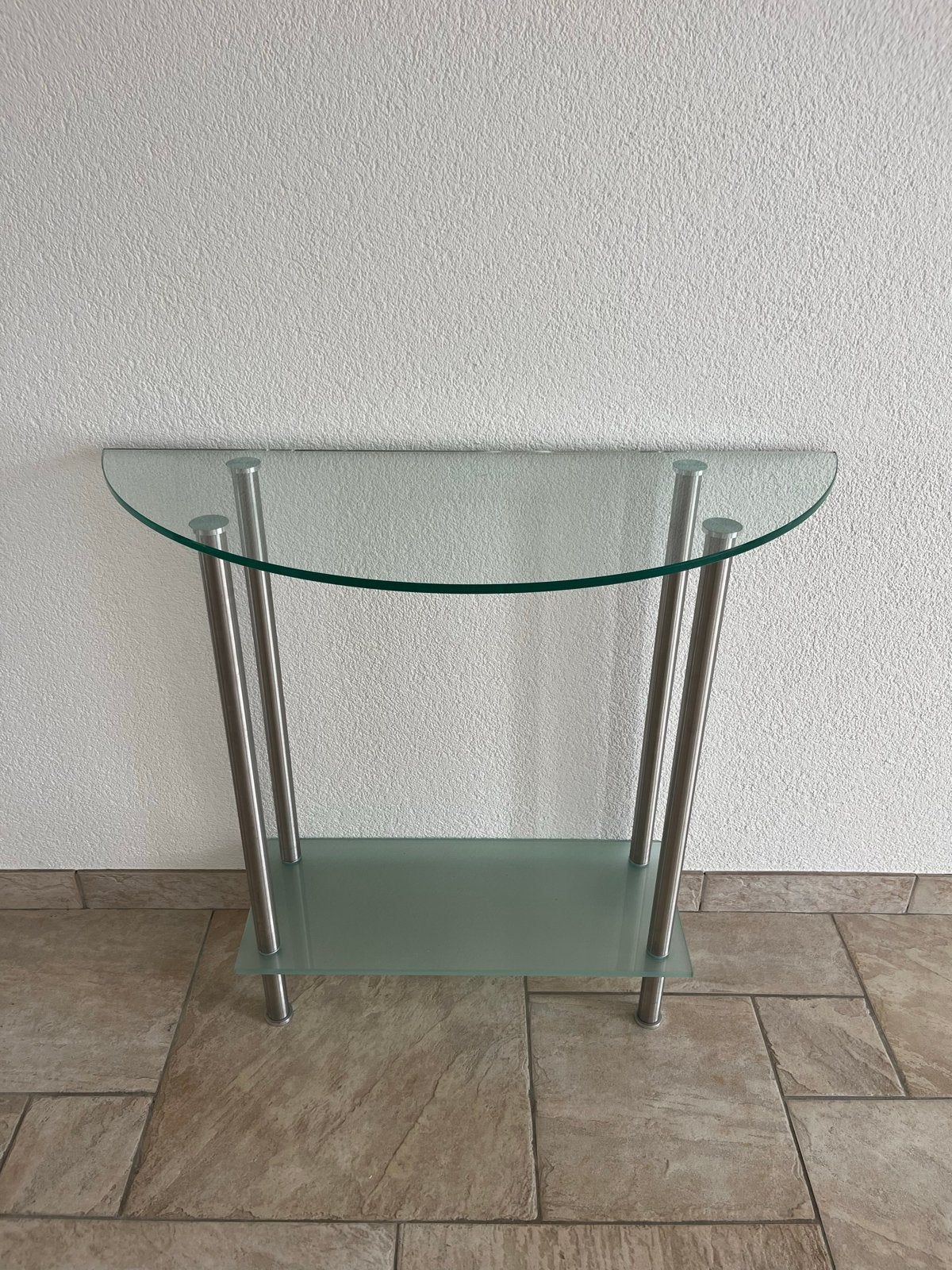 Glazen sidetabel met geborsteld RVS onderstel, Ophalen, Gebruikt, 50 tot 100 cm, Glas