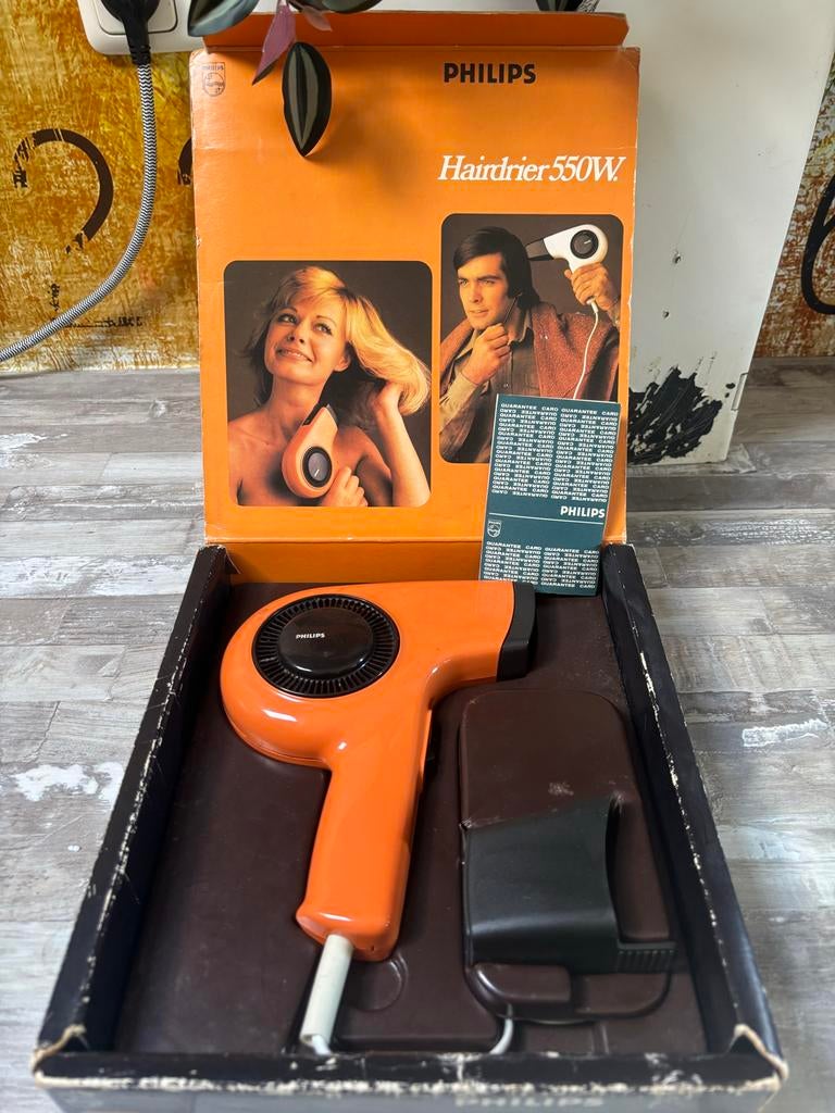 Vintage Philips Haardroger 550W - Oranje Retro Föhn, Ophalen of Verzenden, Zo goed als nieuw, Haarverzorging