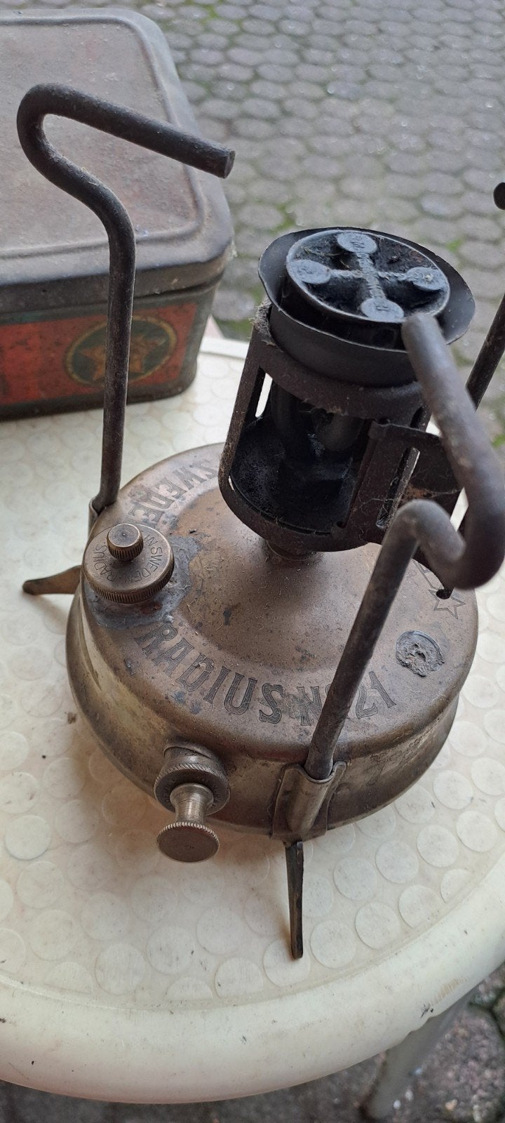 antieke RADIUS benzine brander in originele blik, Antiek en Kunst, Ophalen of Verzenden