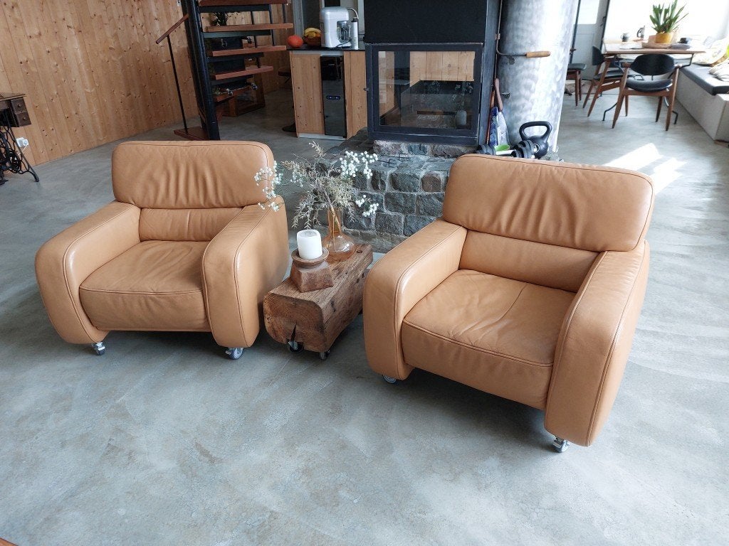 2x prachtige camelkleurige leren fauteuils, Ophalen, Gebruikt, 75 tot 100 cm, Leer