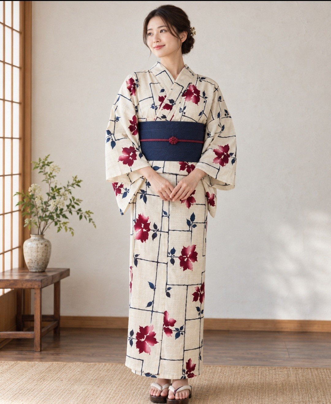 Vintage Japanse yukata – prachtige rood/blauwe bloemen – 149, Antiek en Kunst, Ophalen of Verzenden