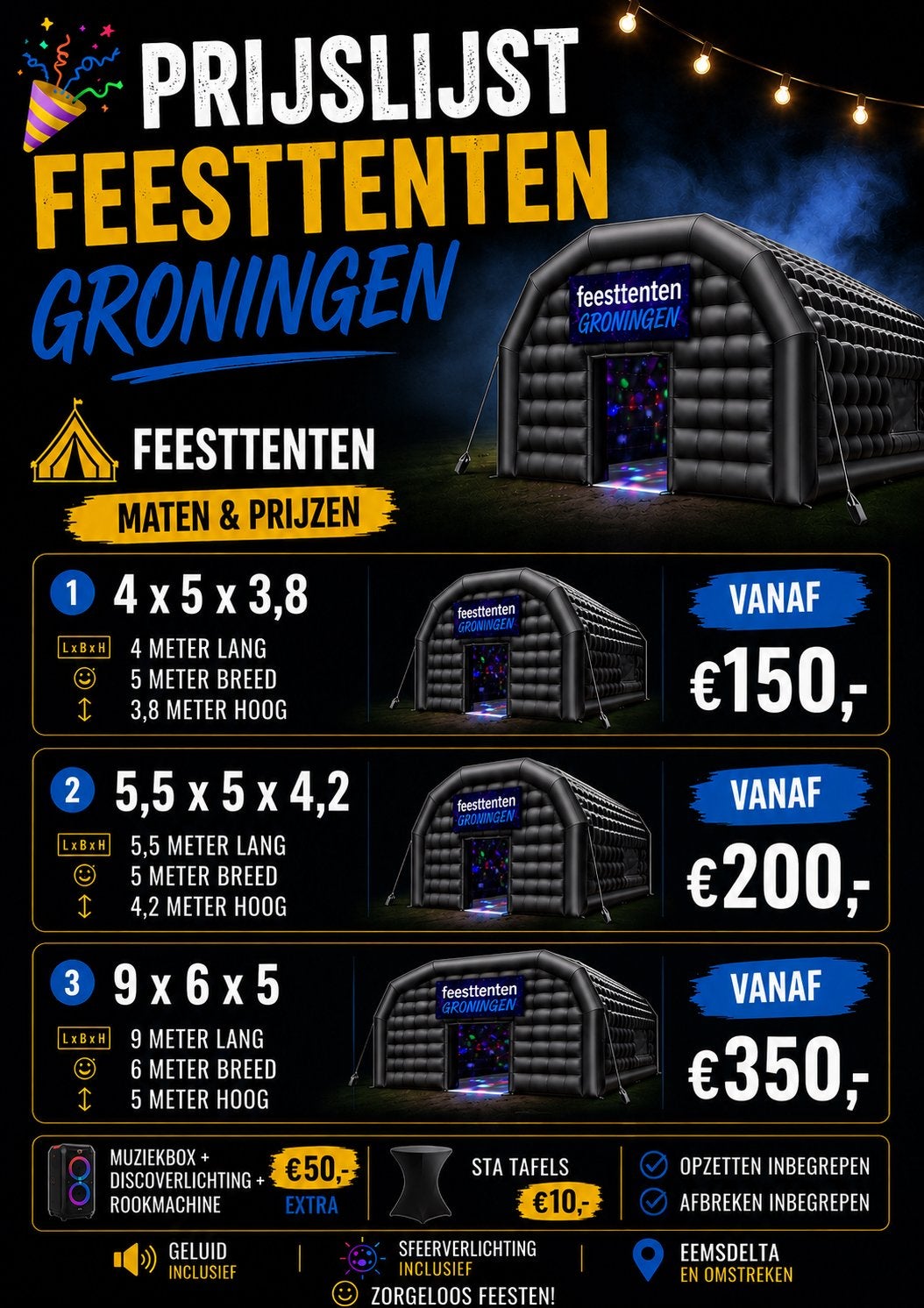 TE HUUR Opblaasbare feesttent (verschillende maten