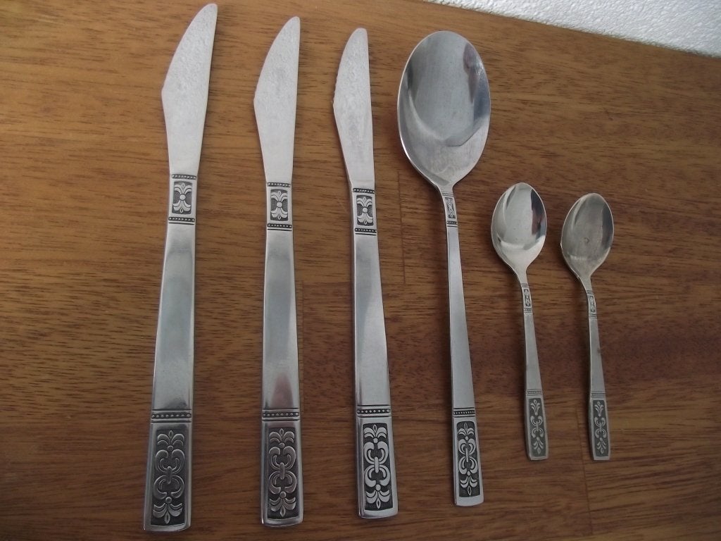 7 vintage zwart RVS Fleur de lis bestek Cortina Japan p stuk, Ophalen of Verzenden