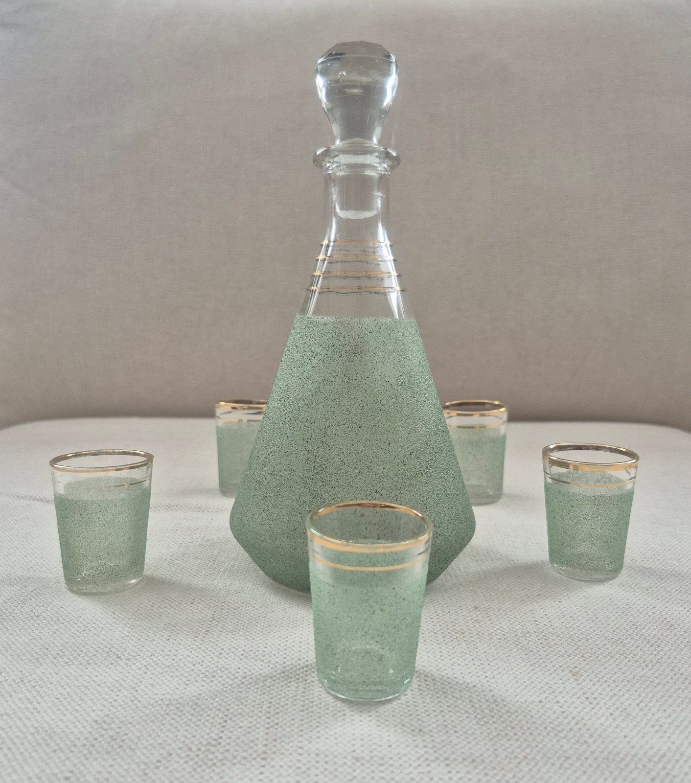 Vintage karaf en borrelglaasjes set - Groen met goud, Ophalen of Verzenden