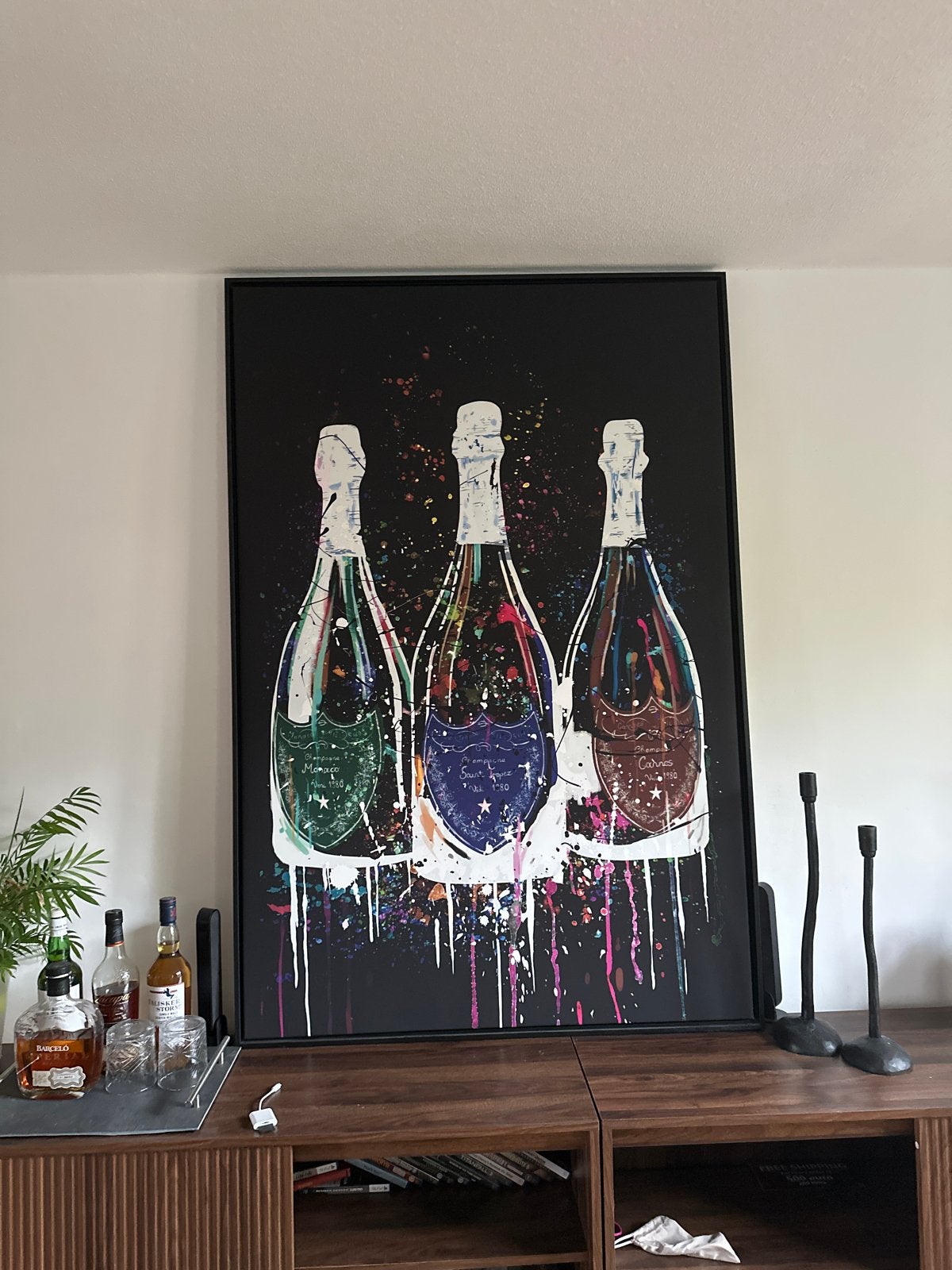 Champagne flessen Pop Art schilderij 104x150 cm, Ophalen, Gebruikt, Schilderij, 100 tot 125 cm