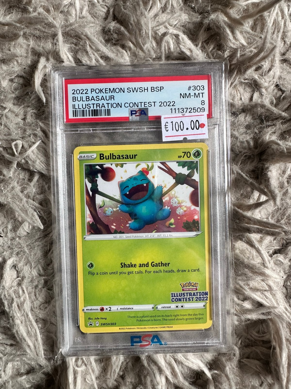 Bulbasaur Pokemon Kaart PSA 8 - Illustration Contest 2022, Ophalen of Verzenden, Zo goed als nieuw, Losse kaart