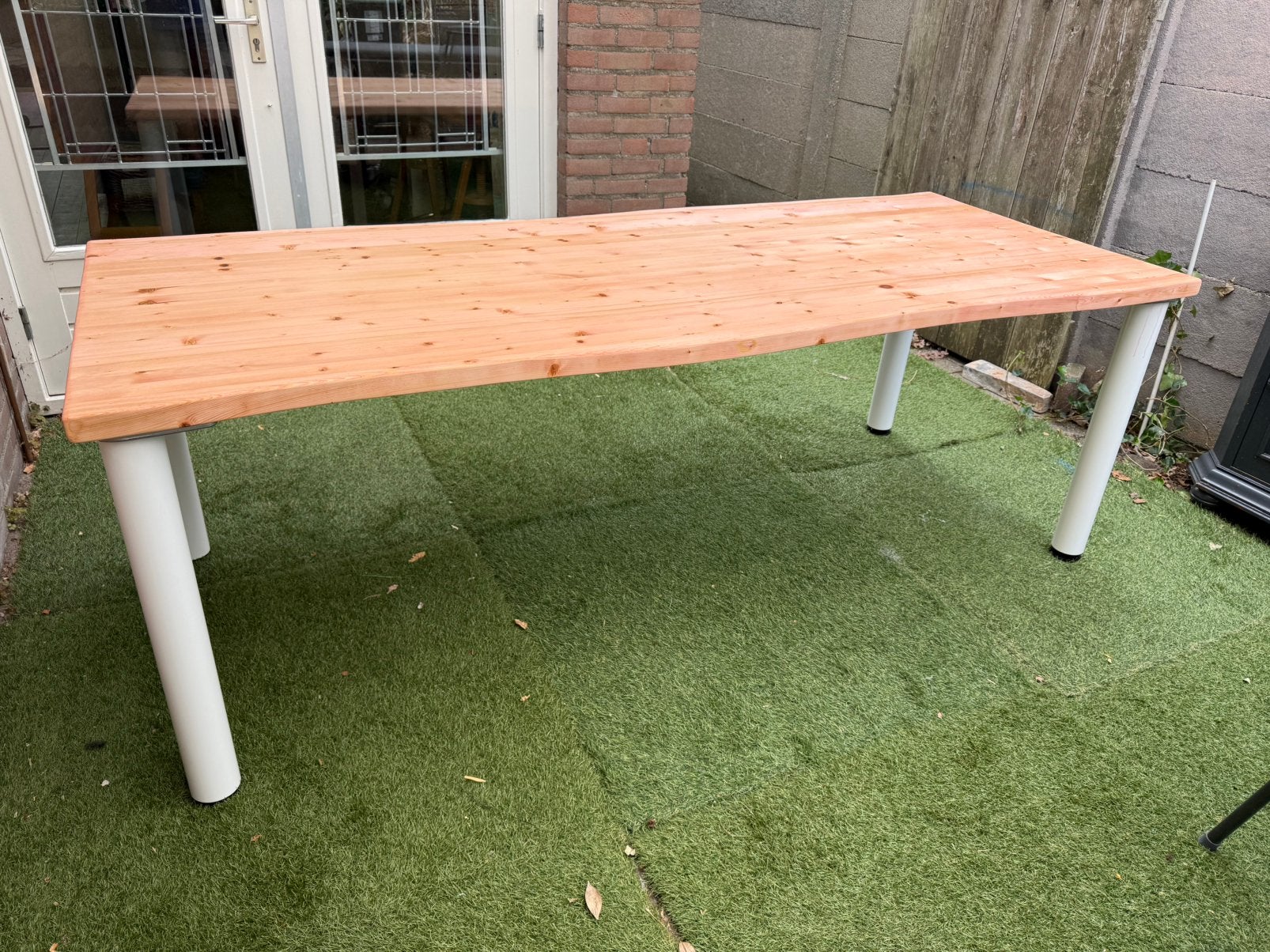 Vurenhouten tafel 220xca90cm.  77cm hoog, Ophalen, 200 cm of meer, 50 tot 100 cm, Vijf personen of meer