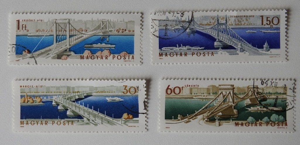 4 postzegels Hongarije Bridge serie. , Verzenden, Gestempeld