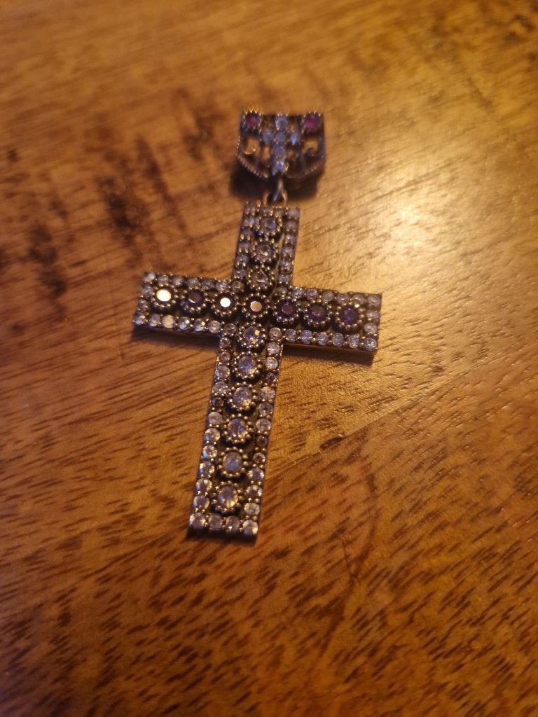 925 zilveren kruis hangertje, met amethist en bergkristal., Ophalen of Verzenden, Zilver, Hanger, Met edelsteen