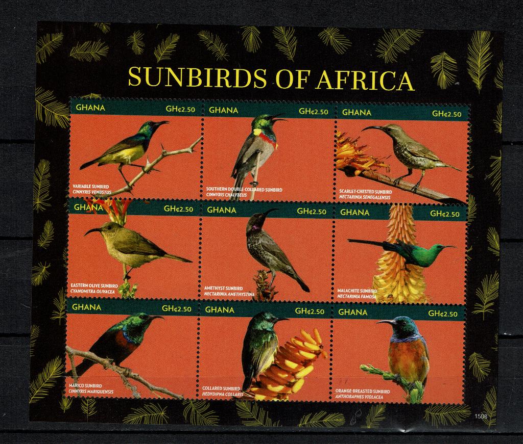 ghana 2015 pf blok honingzuigers vogels sunbirds birds 1, Ophalen of Verzenden, Postfris, Dier of Natuur
