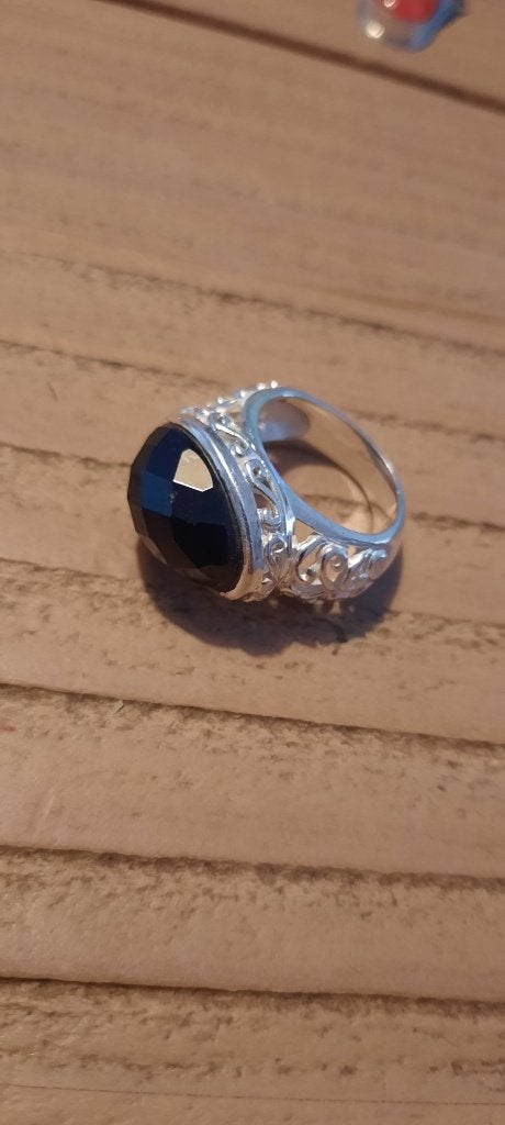 Antieke, zilveren ring met gefacetteerde onyx, maat 16,5., Ophalen of Verzenden, Zilver, Ring, Met edelsteen