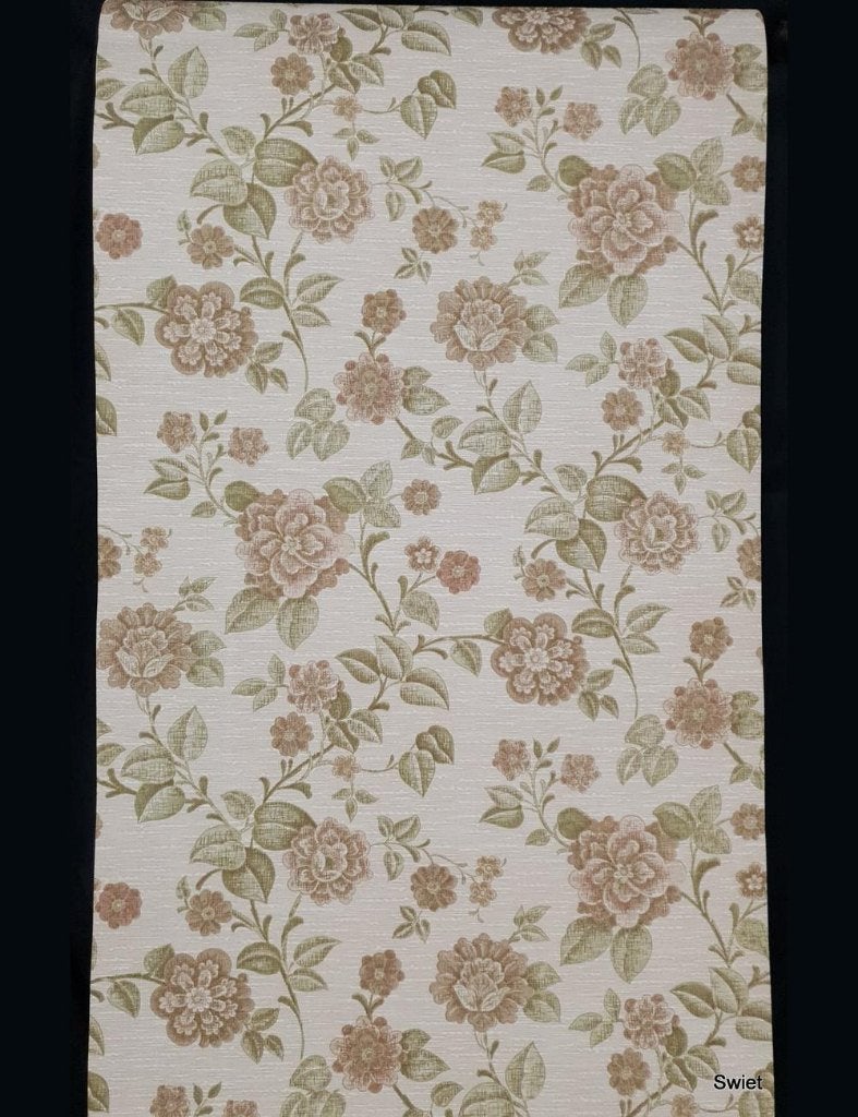 5748 Vintage bloemenbehang klassiek bruinroze grijsgroen, Ophalen of Verzenden, Beige