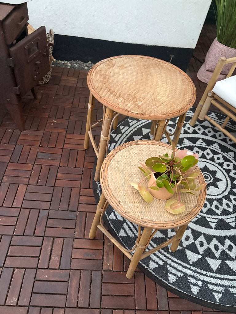 Bijzet tafeltjes tuinset 2 stuks, Tuin en Terras, Ophalen, Gebruikt, Rond, Hout