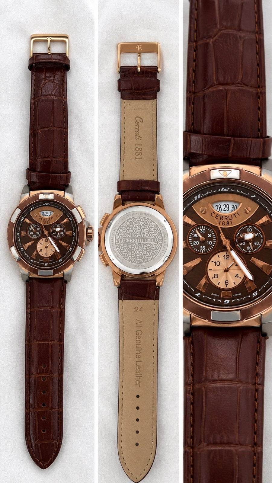 Cerruti 1881 Herenhorloge - Bruin leer en roségoud, Ophalen of Verzenden, Overige materialen