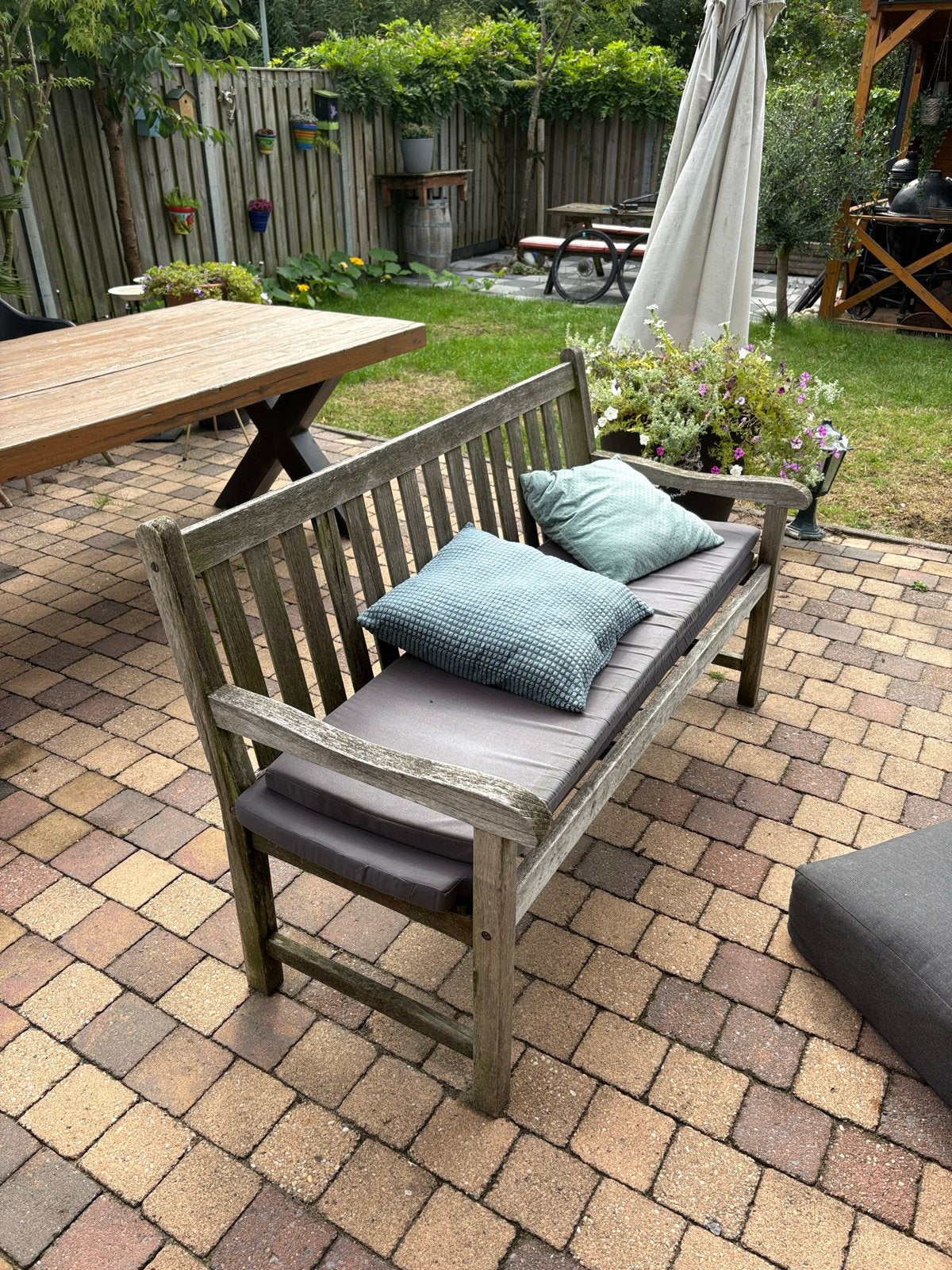 Robuust teakhouten tuinbankje, Ophalen, Gebruikt, Teakhout