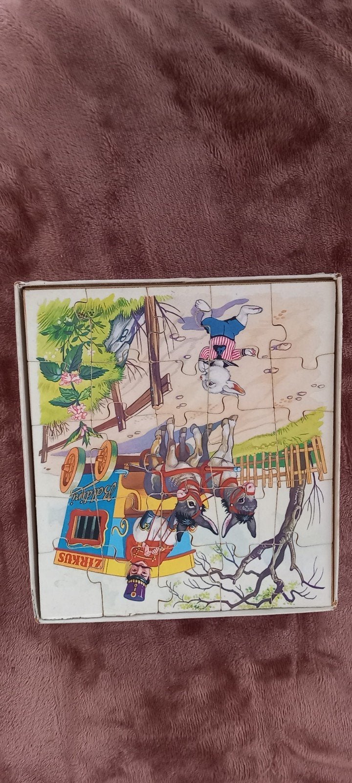 Vintage houten puzzel - Circus met ezels en konijn, 2 tot 4 jaar, Gebruikt, 10 tot 50 stukjes, Ophalen of Verzenden