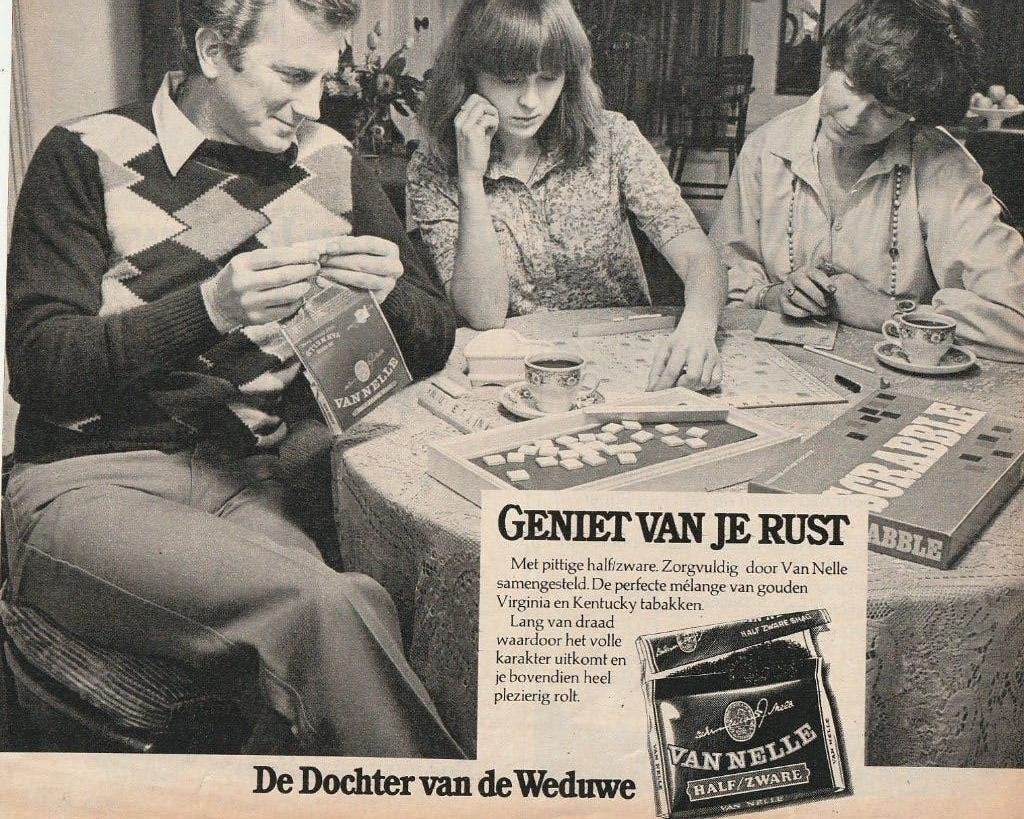 retro reclame 19790 Van Nelle shag gezin bordspel scrabble, Verzamelen, Retro, Overige typen, Verzenden