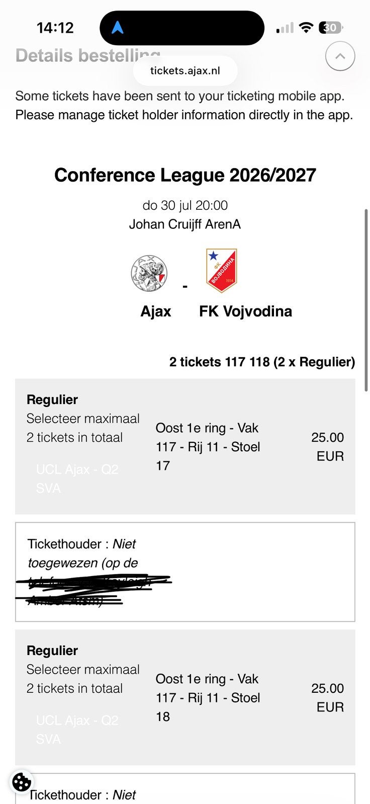 Ajax - FK Vojvodina kaartjes te koop, Tickets en Kaartjes, Twee personen, Overige soorten