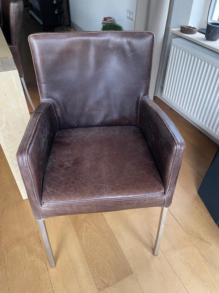Woonkamer stoelen van leer 6 stuks, Ophalen, Gebruikt, Bruin, Leer