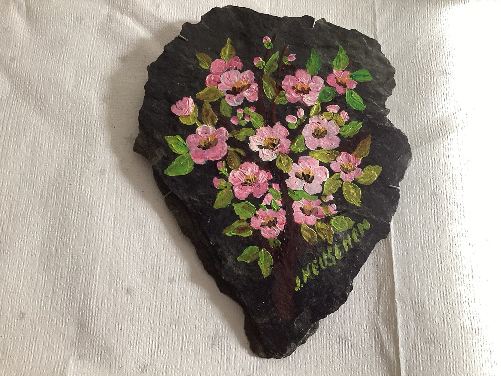 Schilderij op leisteen met bloesem, Bloemen, Realistisch, Overige ondergronden, Ophalen of Verzenden