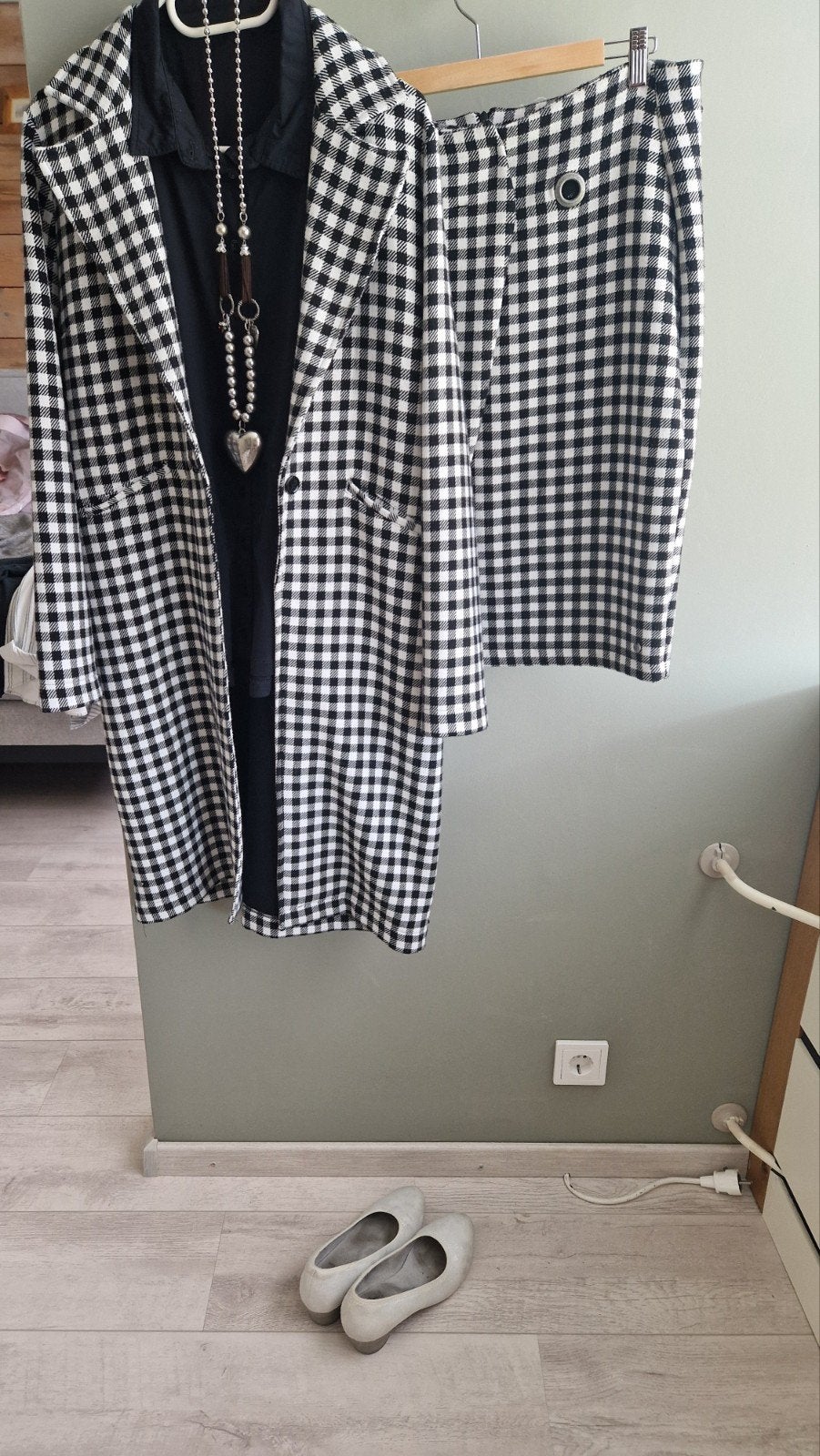 Geruite blazer en rok set - Zwart/Wit, Maat 38/40 (M), Zwart, Ophalen of Verzenden, Knielengte