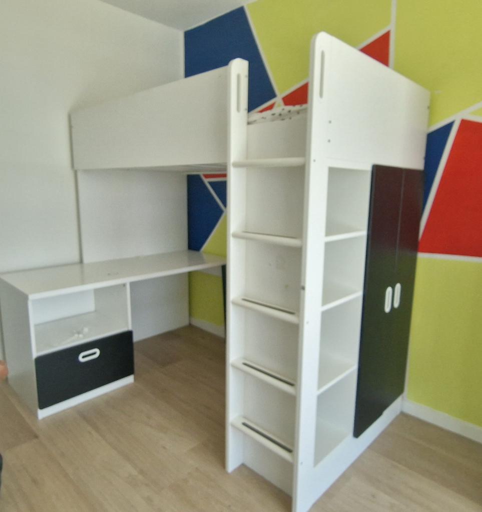 IKEA Småstad hoogslaper met bureau en kast, Ophalen, Gebruikt, Eenpersoons, Wit