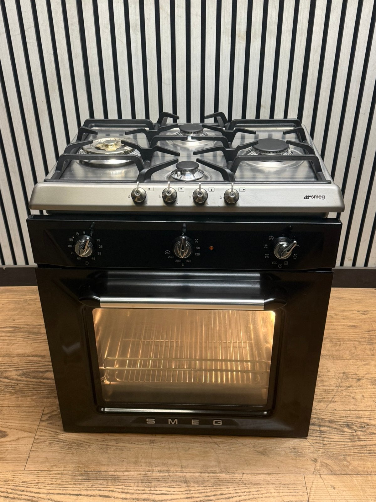 Luxe Smeg inbouwoven zwart hoogglans Incl. Kookplaat 60 cm, Hete lucht, Fornello Esperta, Ophalen of Verzenden, Zo goed als nieuw