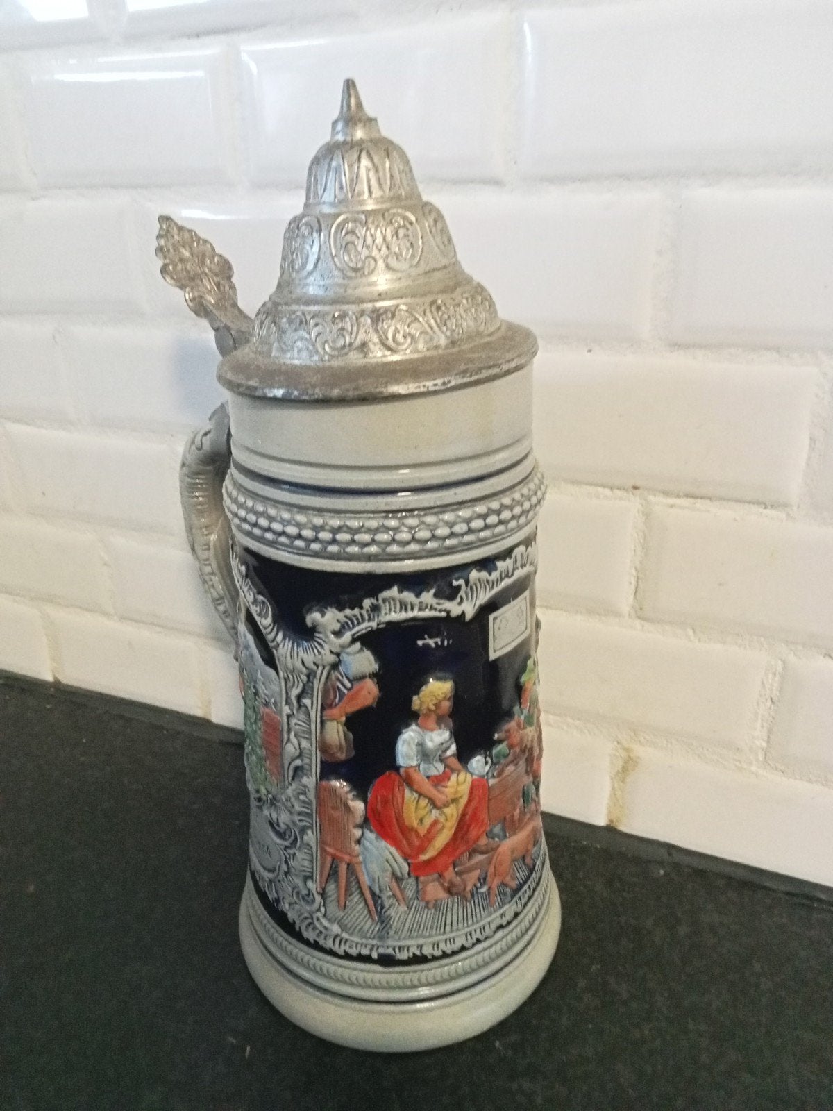 Vintage Duitse Bierpul met Tin Deksel - Westerwald, Antiek en Kunst, Ophalen of Verzenden