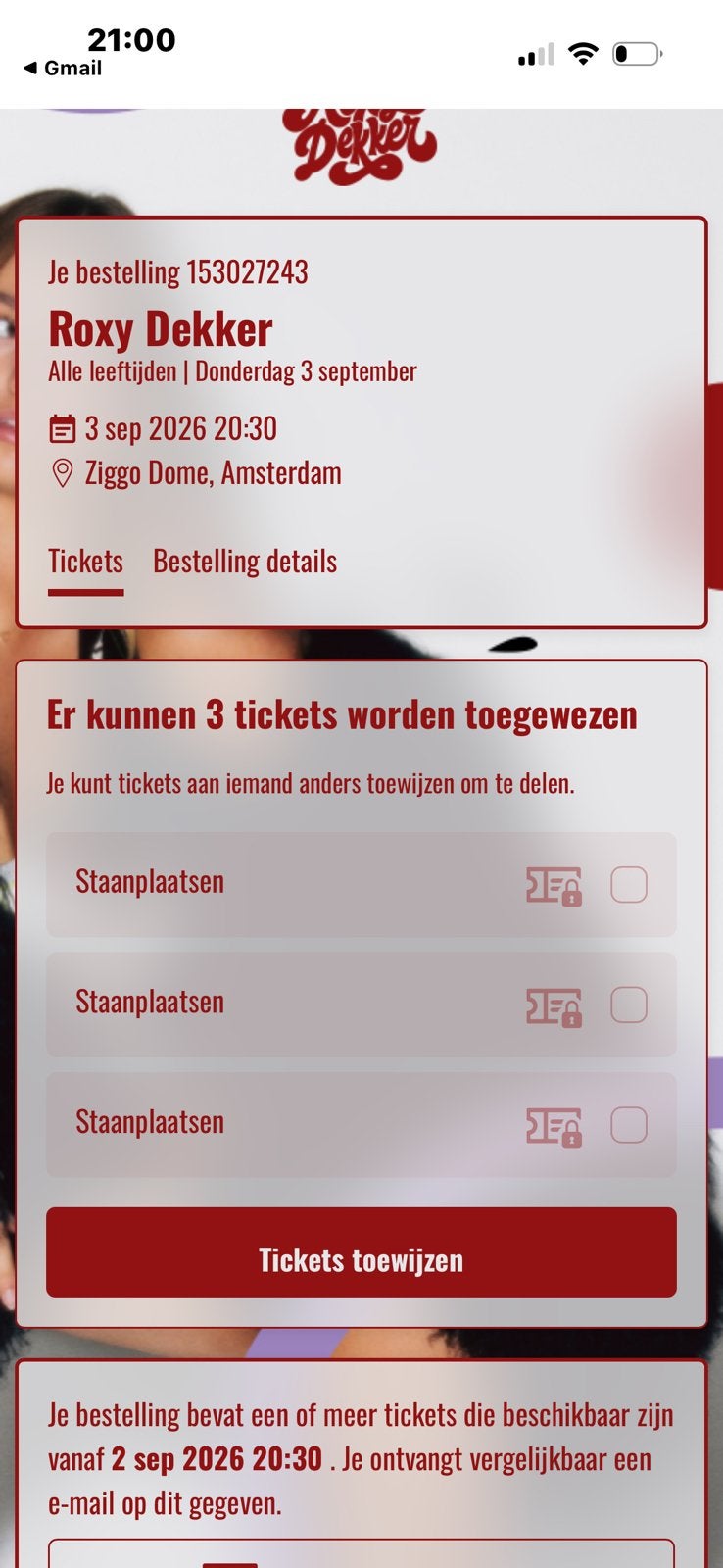 Roxy Dekker 3 kaartjes staanplaatsen Ziggo 3september 20.30, Drie personen of meer, September