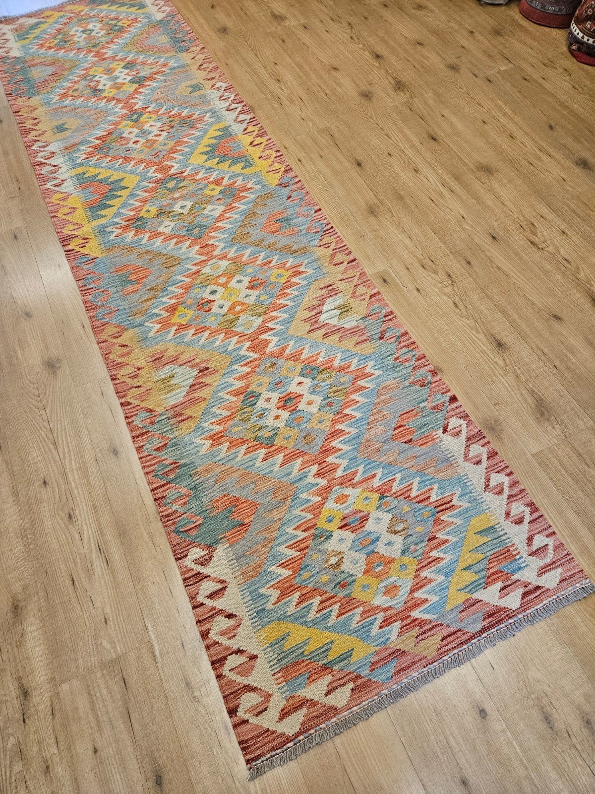 Handgeweven oosterse wollen kelim loper 304x80, Info@SlatsAntiek.nl, Vof Slats Antiek, Kelim, Blauw