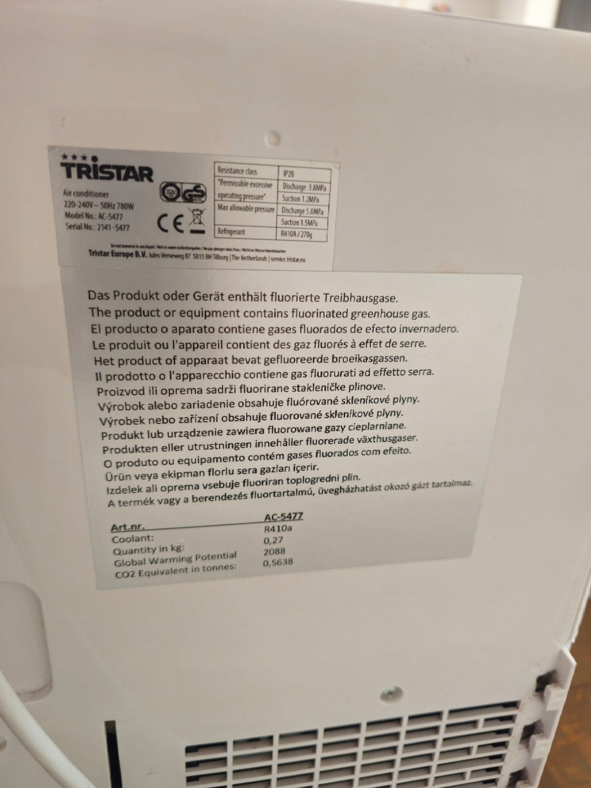 Tristar AC-5477 Mobiele Airco, Witgoed en Apparatuur, Ophalen, Gebruikt, Minder dan 60 m³, Timer