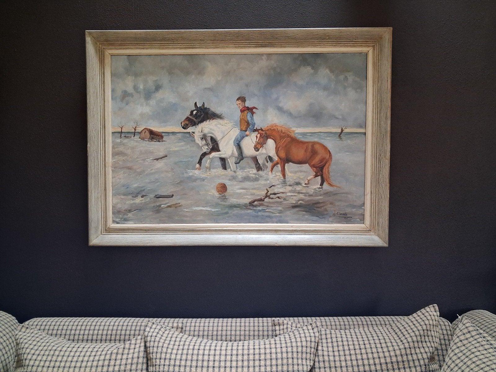 Olieverfschilderij: Jongen te paard in het water, gesigneerd, Maritiem / water, Doek, Realistisch, Ophalen of Verzenden