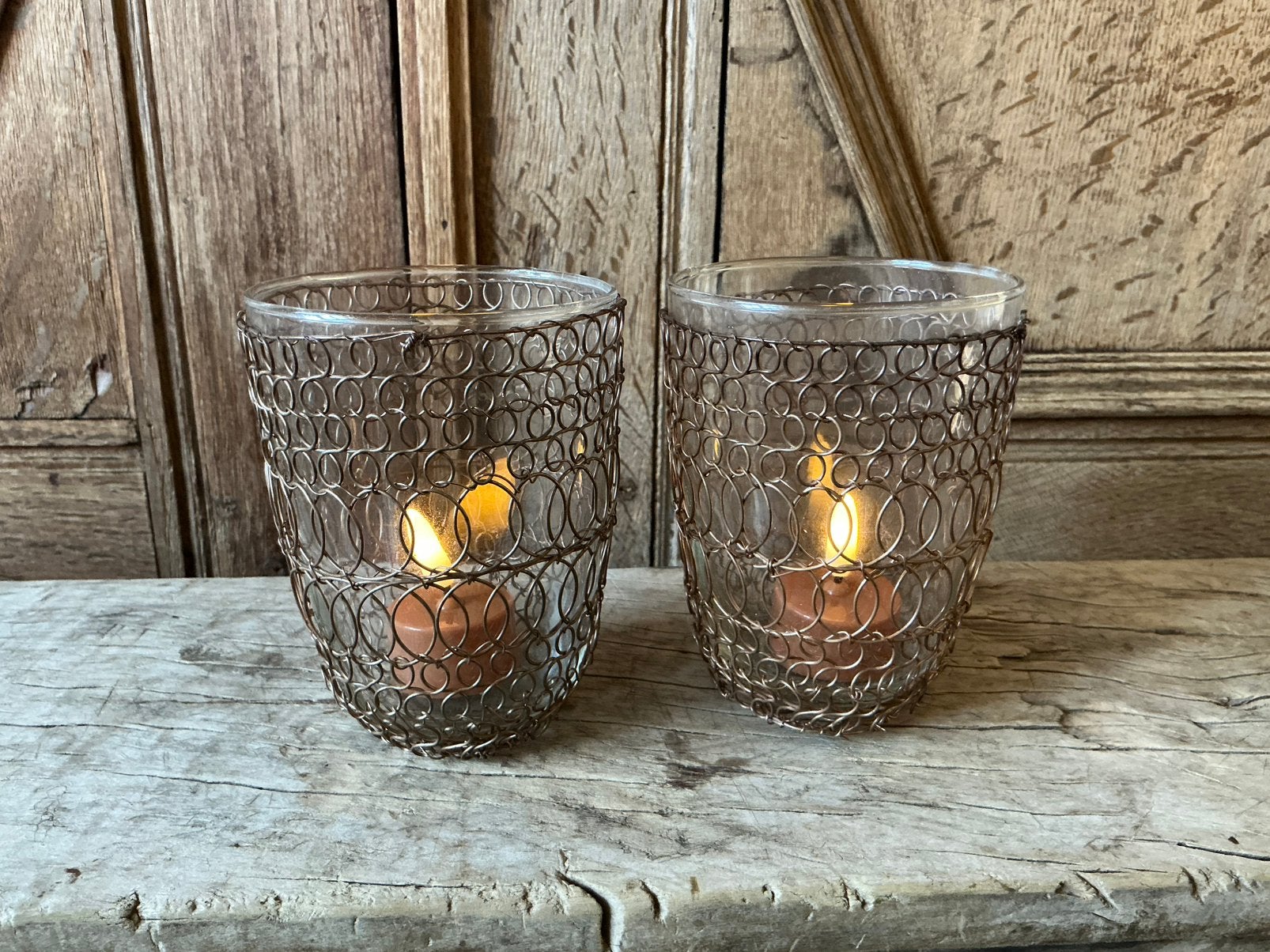 NIEUW 2 glazen windlichten met gazen metalen afwerking, Ophalen of Verzenden, Nieuw, Glas