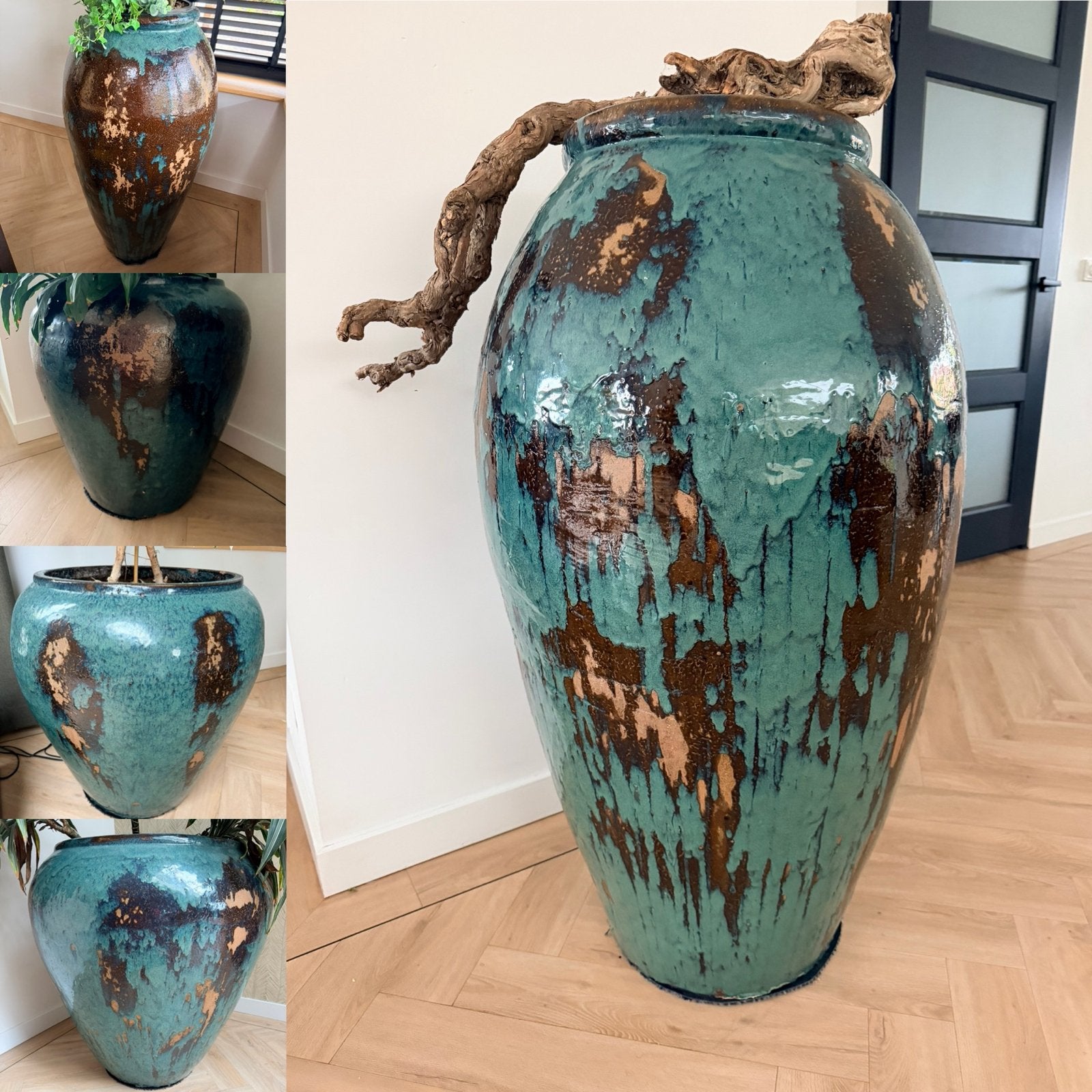Grote Keramieken Plantenpotten Set - Turquoise/Bruin, Ophalen, 40 cm of meer, Rond, Binnen