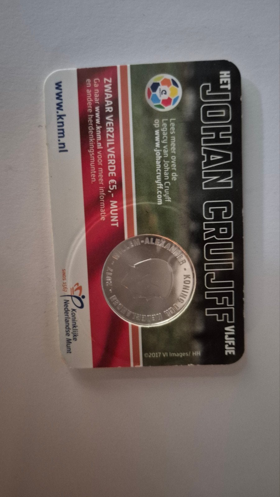Zwaar verzilverde Johan Cruijff 5 euro munt 2017, Ophalen, Koningin Beatrix, Zilver, Overige waardes