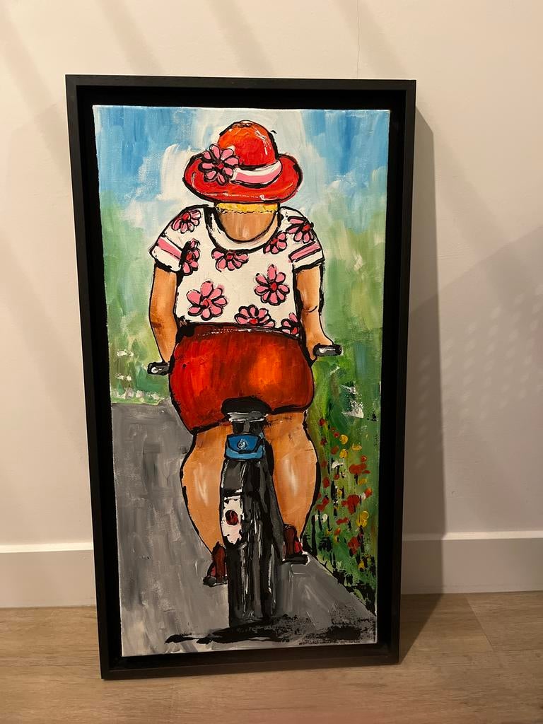 Schilderij 'Dikke Dames' op de fiets, Antiek en Kunst, Ophalen of Verzenden