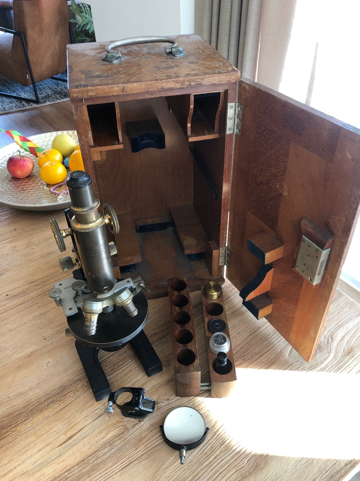 Antieke Carl Zeiss Jena Microscoop met Houten Kist, Audio, Tv en Foto, Ophalen, Gebruikt, Minder dan 400x, Biologische microscoop