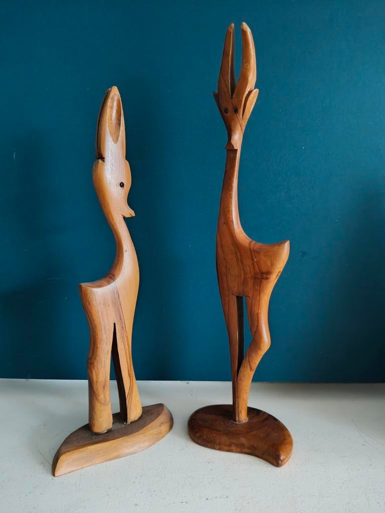 Vintage teak houten hertjes herten, Antiek en Kunst, Kunst | Beelden en Houtsnijwerken, Ophalen of Verzenden