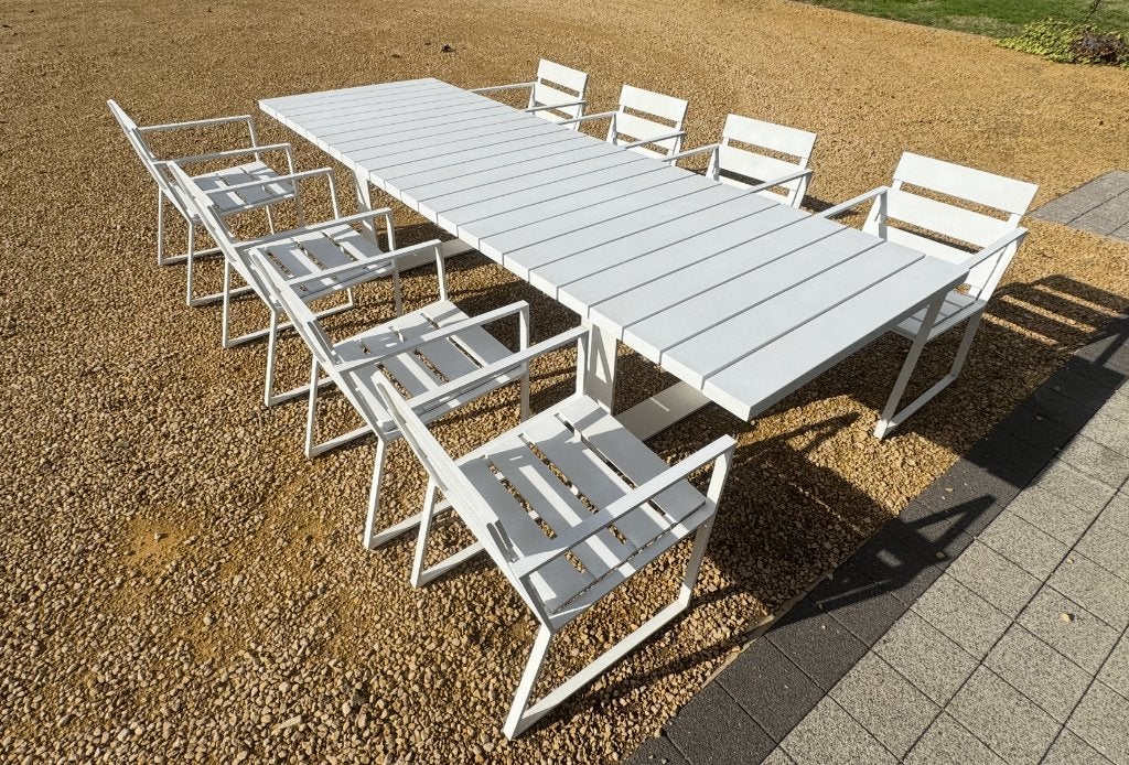 Borek Samos design tuinset – tafel 305 cm + 8 stoelen, Ophalen, Gebruikt, Aluminium, 8 zitplaatsen