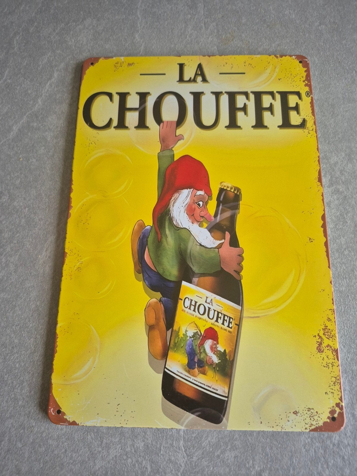 La Chouffe metalen reclamebord - Kabouter met bierfles, Ophalen of Verzenden, Nieuw, Reclamebord