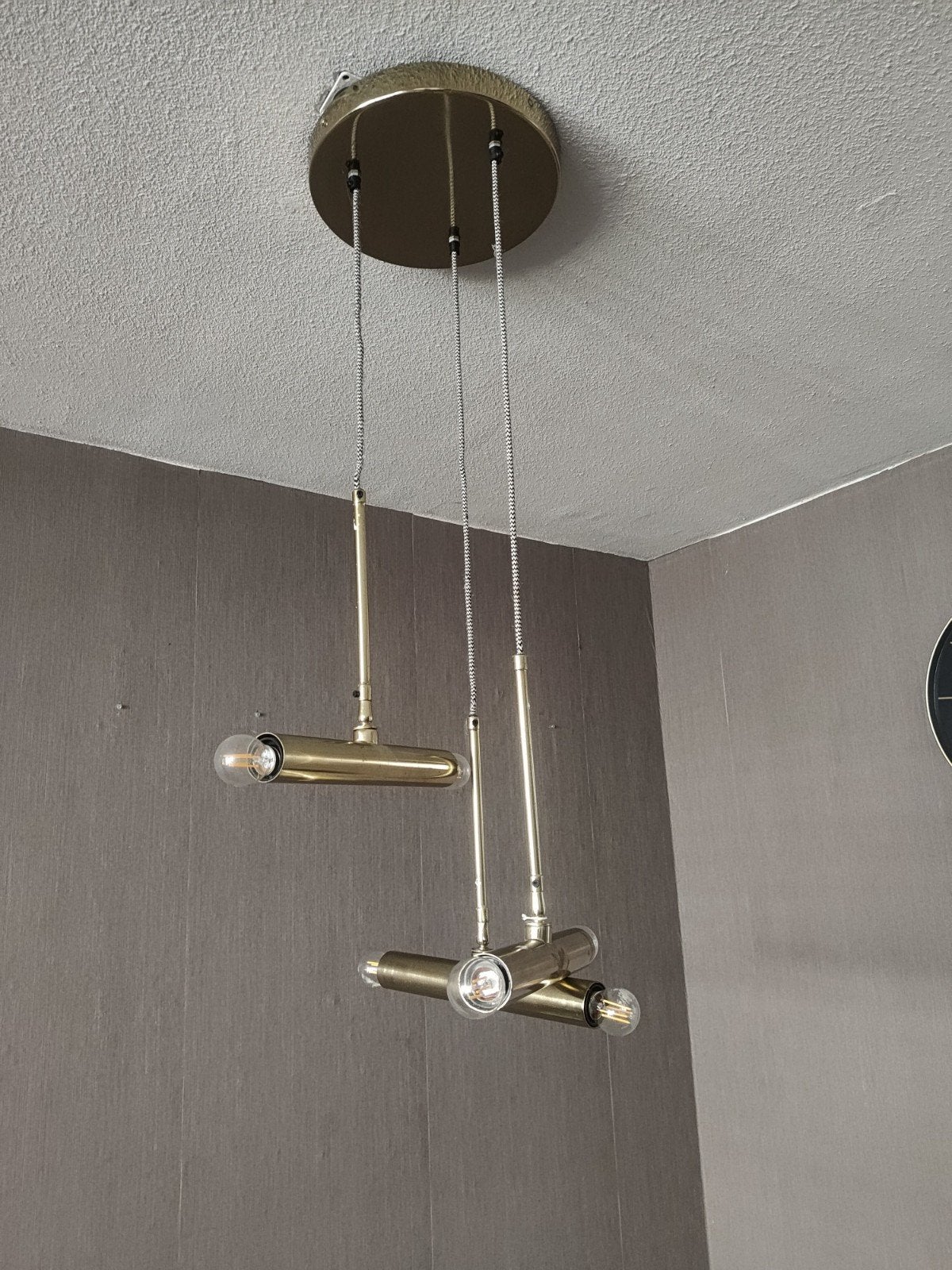 Moderne messing hanglamp, hoogte instelbaar, Ophalen, E27 (groot), Zo goed als nieuw, Metaal
