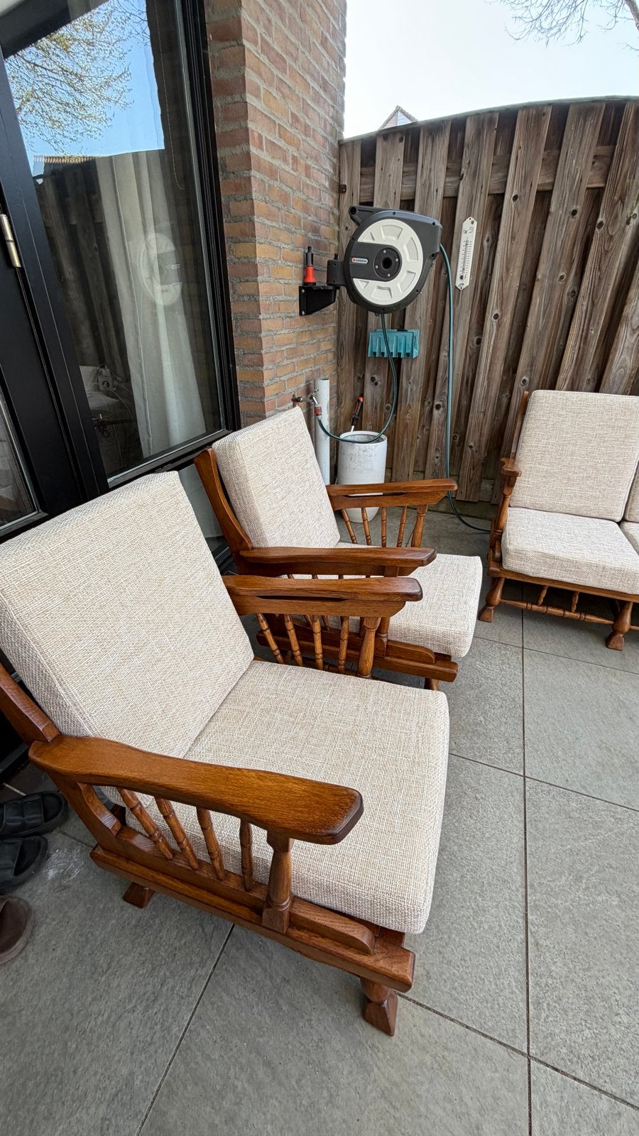 vintage retro eiken bankstel, brutalist, fauteuil, Huis en Inrichting, Ophalen, Gebruikt, Rechte bank, Hout