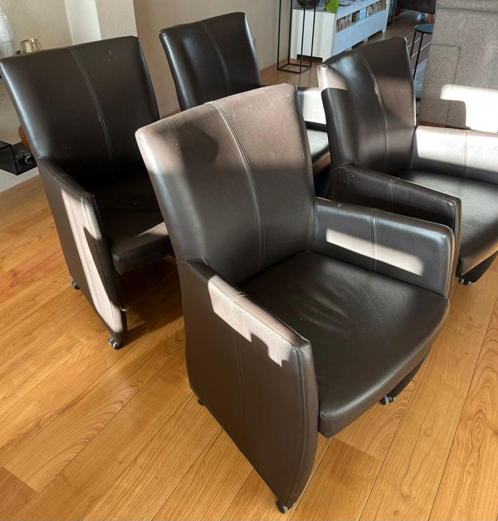 Set van 4 bruine leren stoelen met wieltjes, Ophalen, Gebruikt, Bruin, Leer