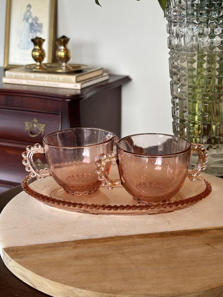 Vintage Melkkan en suikerpotje Rosaline Roze persglas, Ophalen of Verzenden